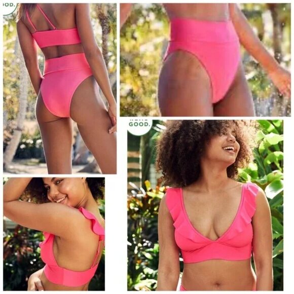 Aerie HOT PINK Long line 2 PC Bikini Ruffle Top High Waisted Cheeky Bottom M/L - Picture 1 of 11